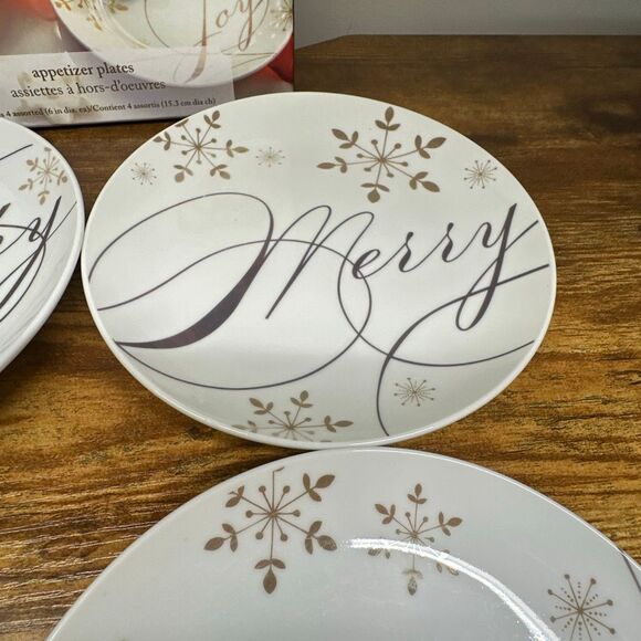 Pier 1 Imports appetizer plates Holiday Wishes set of 4 Original Box Porcelain - Picture 4 of 9